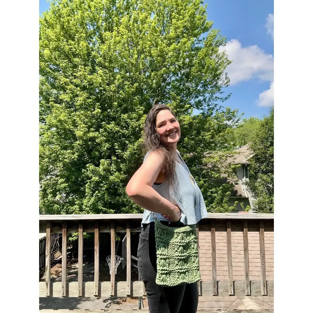 Hand Knit Avocado Green Crossbody Bag: T-Shirt Yarn Purse with Guitar Strap